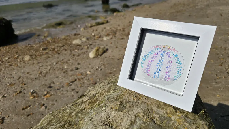 Sea Urchin Watercolor Dot Art – Framed Coastal Mini Painting - Image 2