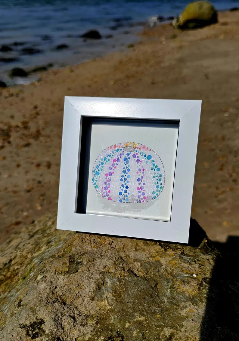 Sea Urchin Watercolor Dot Art – Framed Coastal Mini Painting