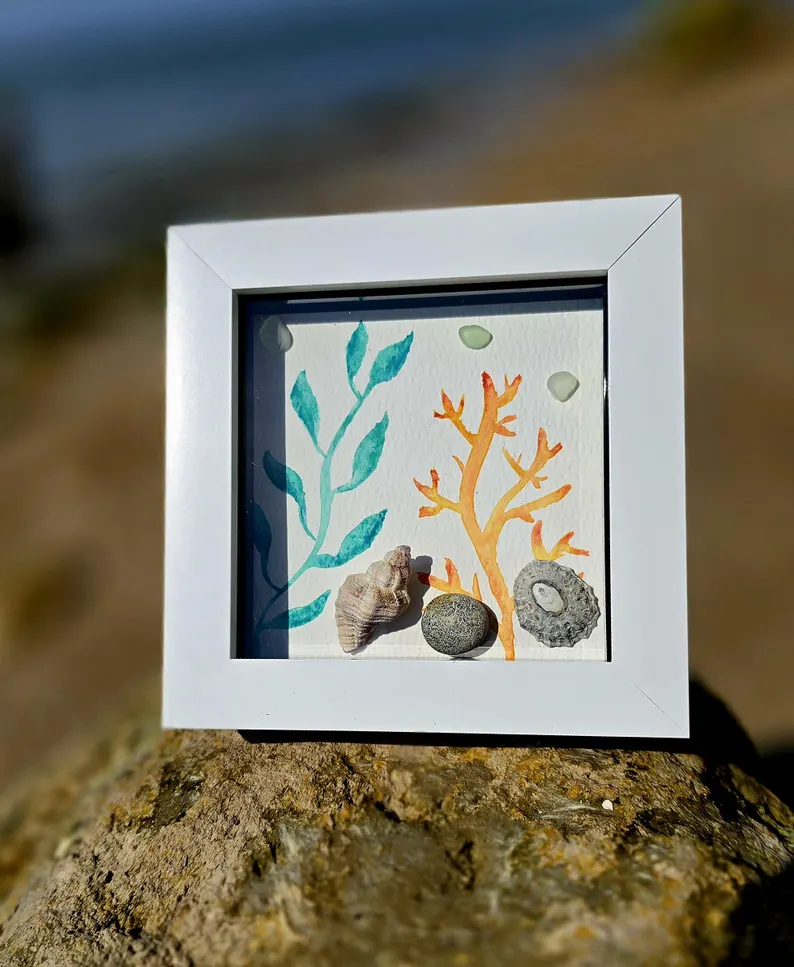 Seaweed Watercolor Painting with Isle of Wight Beach Finds in Glass Frame