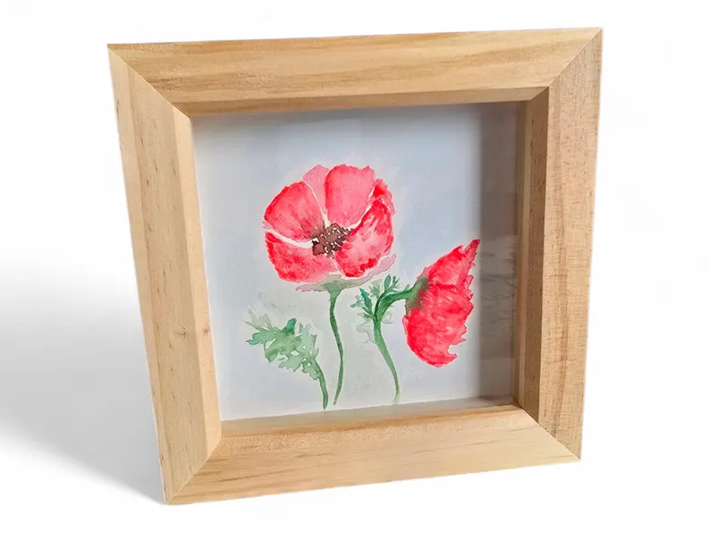 Watercolor Poppy Painting: Handpainted Floral Art, Wooden Frame
