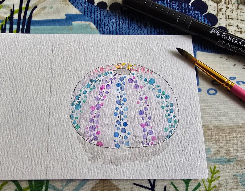 Sea Urchin Watercolor Dot Art – Framed Coastal Mini Painting - Image 3