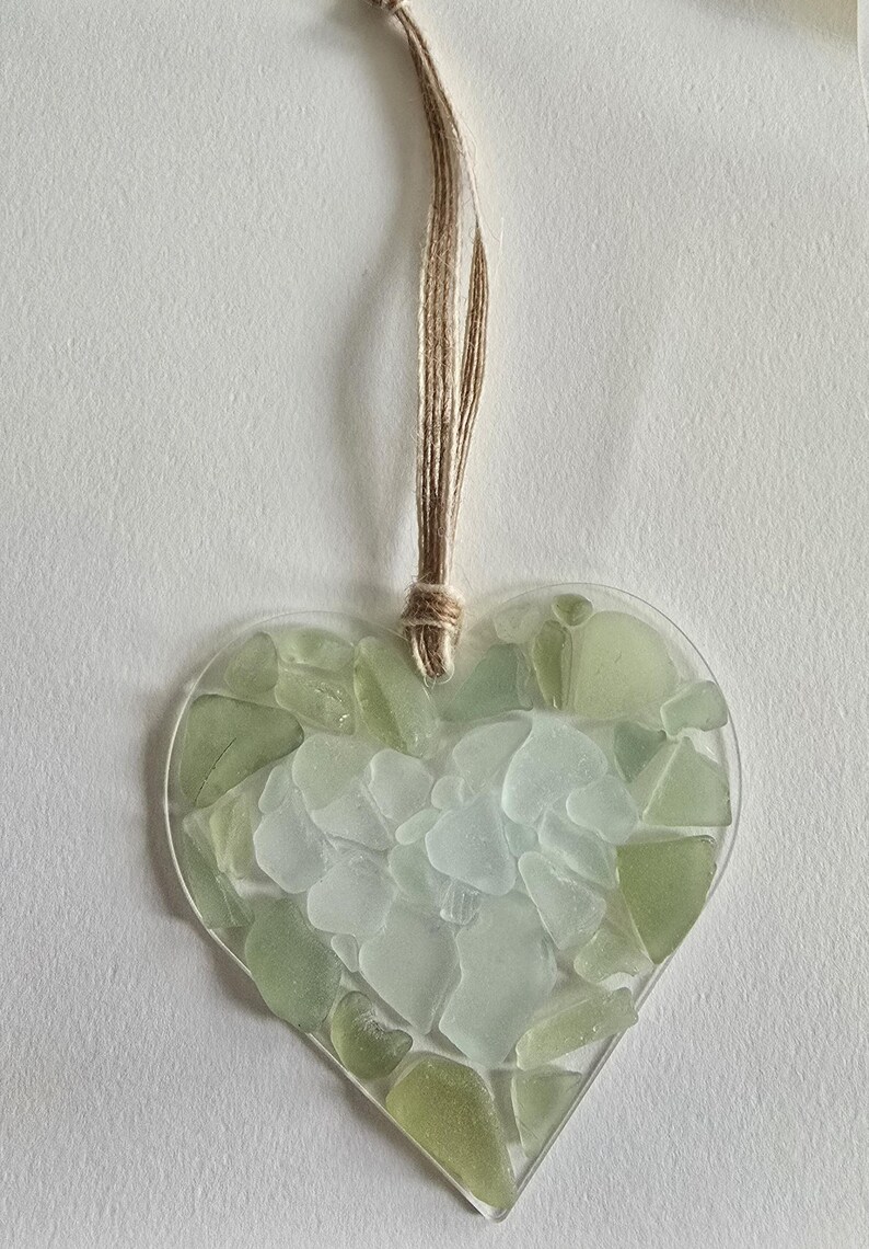 Handmade Sea Glass Heart Suncatcher – Frosted Coastal Window Decoration - Image 2