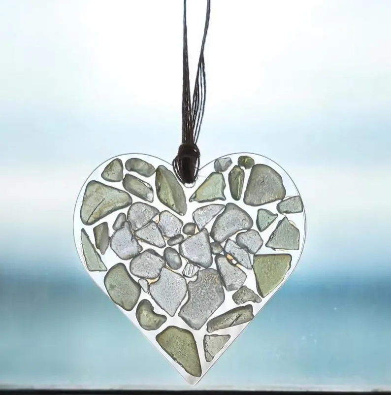 Handmade Sea Glass Heart Suncatcher – Frosted Coastal Window Decoration